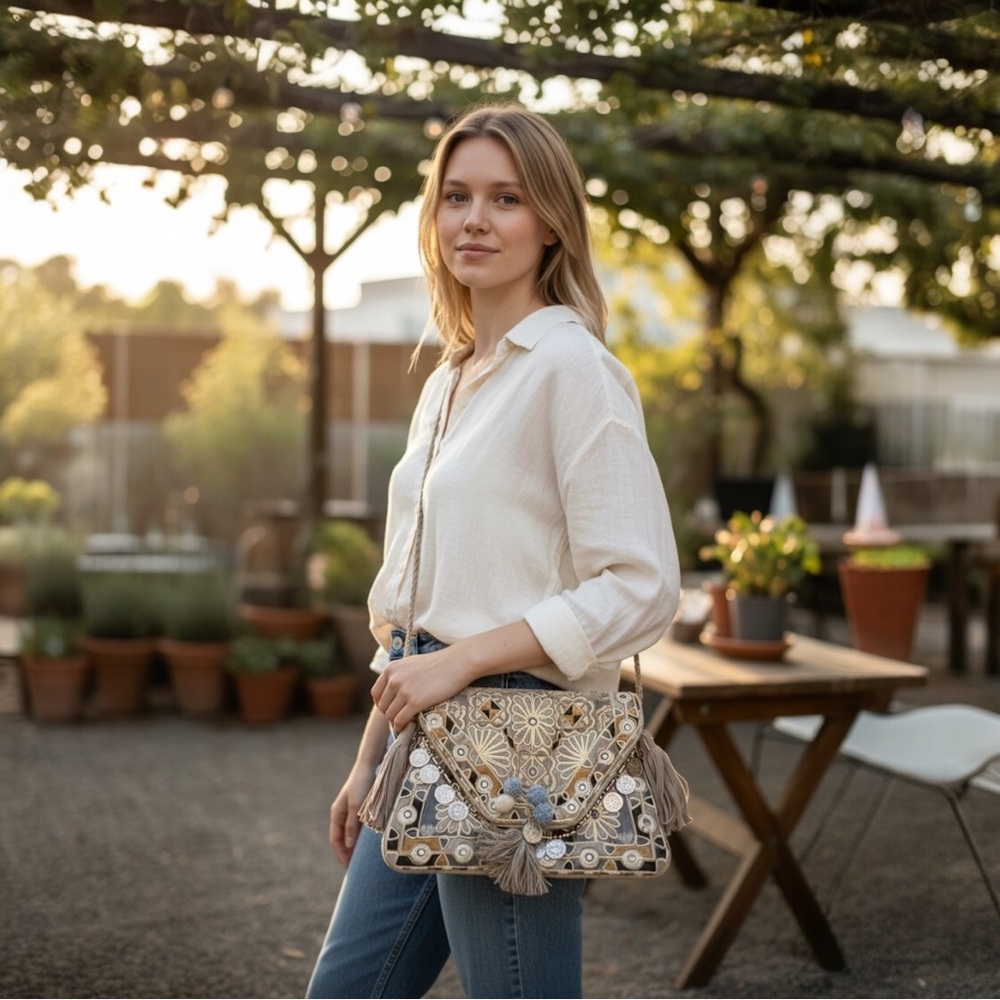 ANTHROPOLOGIE IBBAN HAND MADE 3D POM POM & COIN EMBROIDERED FLORAL CROSSBODY BAG